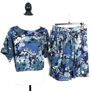 Vintage Handmade Blue Floral Print Short Sleeve Top and Skirt Set Size Medium
